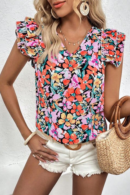 Multicolour Boho Floral Print Ruffle Blouse