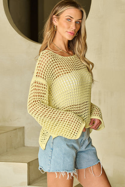 Yellow Open Knit Crochet Bell Sleeve Tunic Sweater