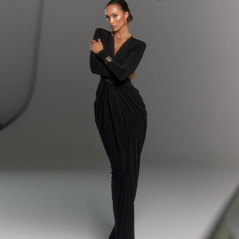 Women's Deep V Long Sleeve High Slit Long Dress