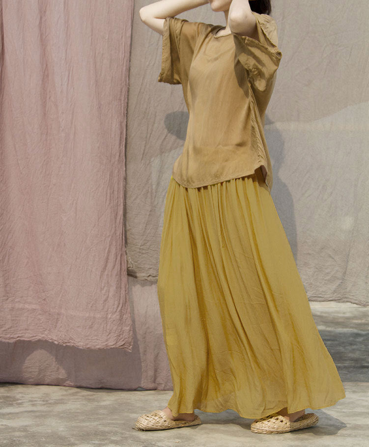 Elastic Waist Large Hem Draping Turmeric Crepe De Chine Skirt