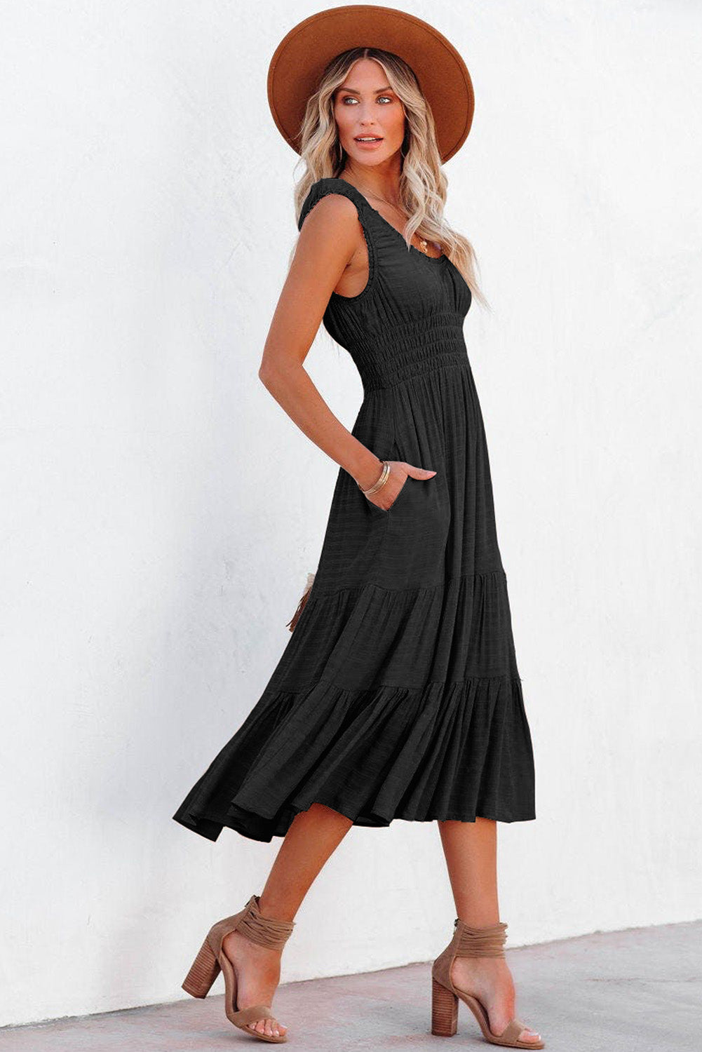 Black U-Neck Sleeveless Ruched Tiered Ruffled Midi Dress