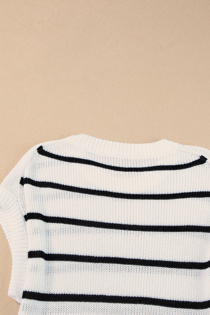 White Stripe Round Neck Batwing Sleeve Sweater