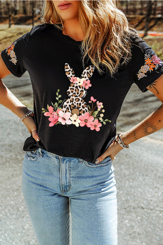 Black Easter Bunny Print Flower Graphic Crew Neck T Shirt