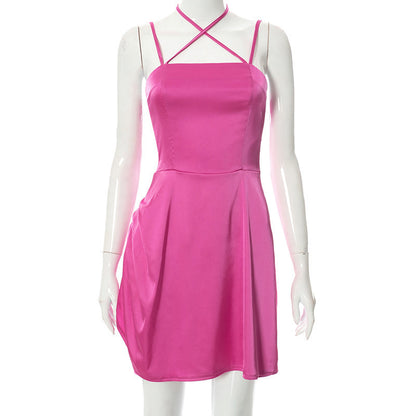 Spring New Solid Color Cross-halterneck Suspenders Dress Women