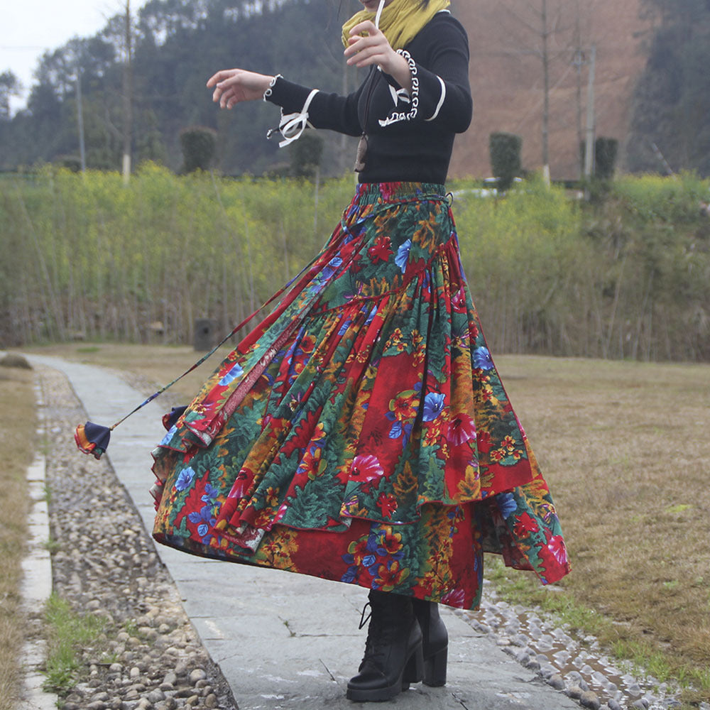 Falda estampada de algodón y lino de mujer de estilo étnico