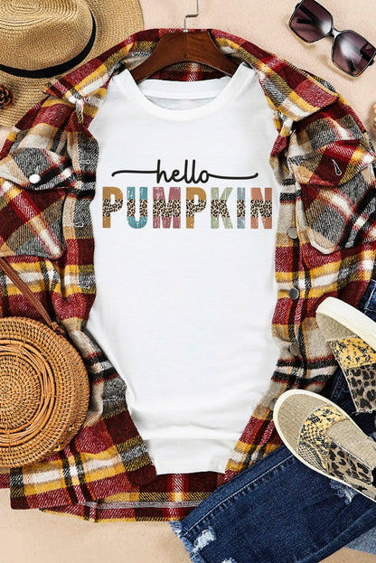 Camiseta blanca con gráfico de cuello redondo de Halloween Hello Pumpkin