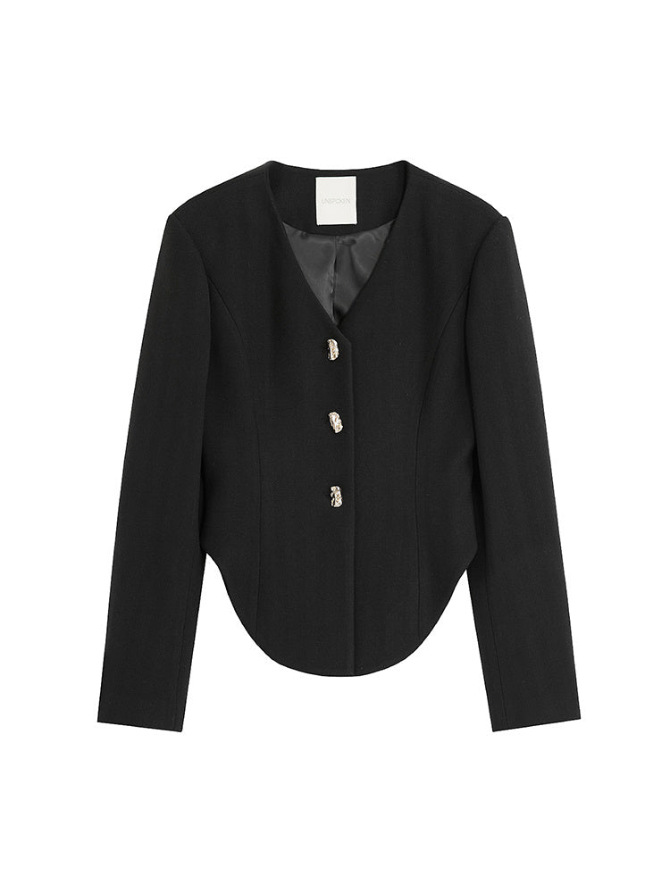 Black V Neck Cropped Blazer With Stylish Shoulder Pads