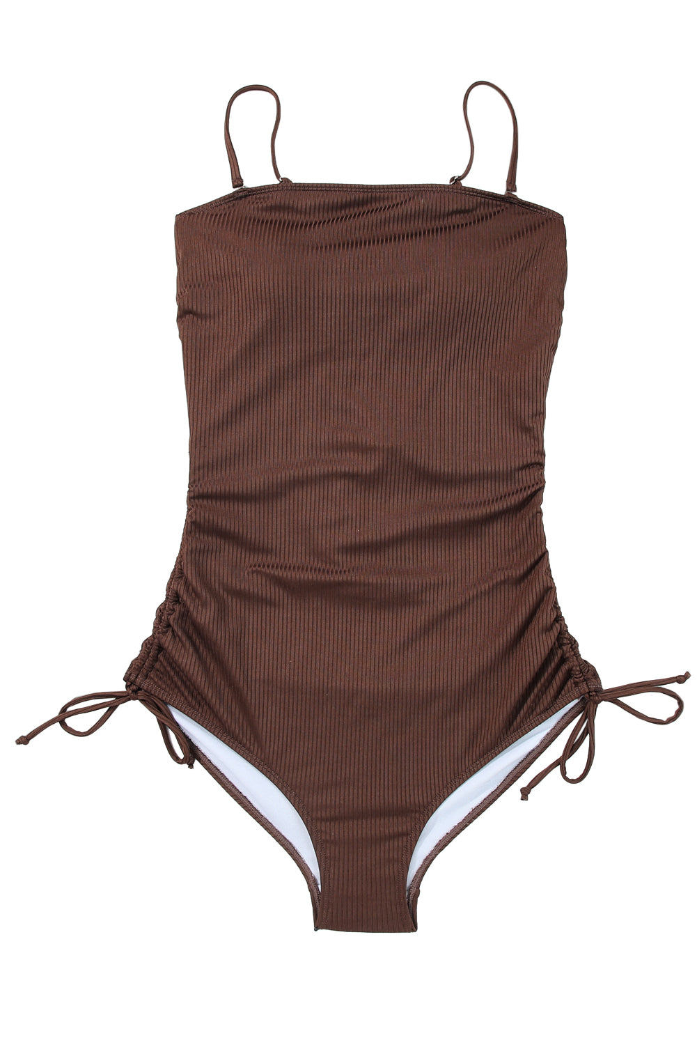 Coffee Side Drawstring Cutout Ribbed One Piece Swimsuit