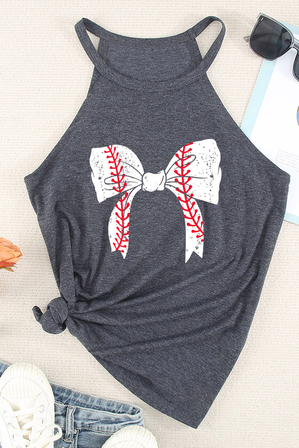 Camiseta sin mangas con cuello halter y estampado de nudo de lazo de béisbol gris