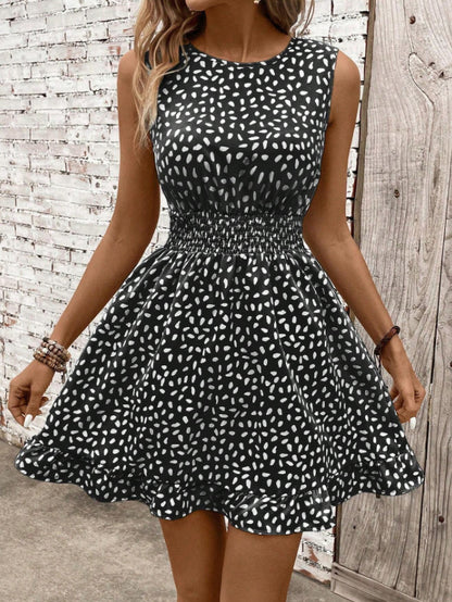 Women's Fashion Round Neck Sleeveless Waist Trimming Printing Dress