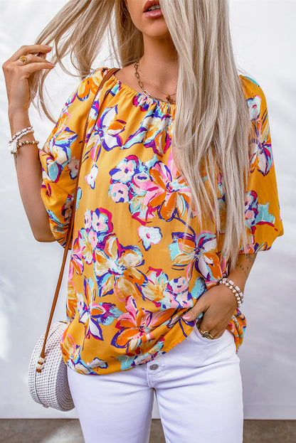 Yellow Floral Print Elastic Neckline Blouse