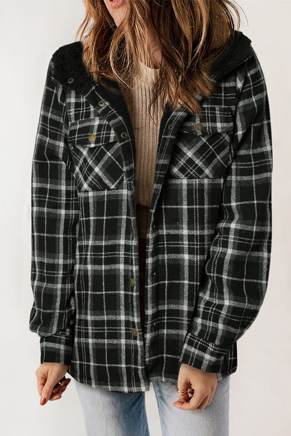 Plaid Pattern Sherpa Lined Hooded Shacket