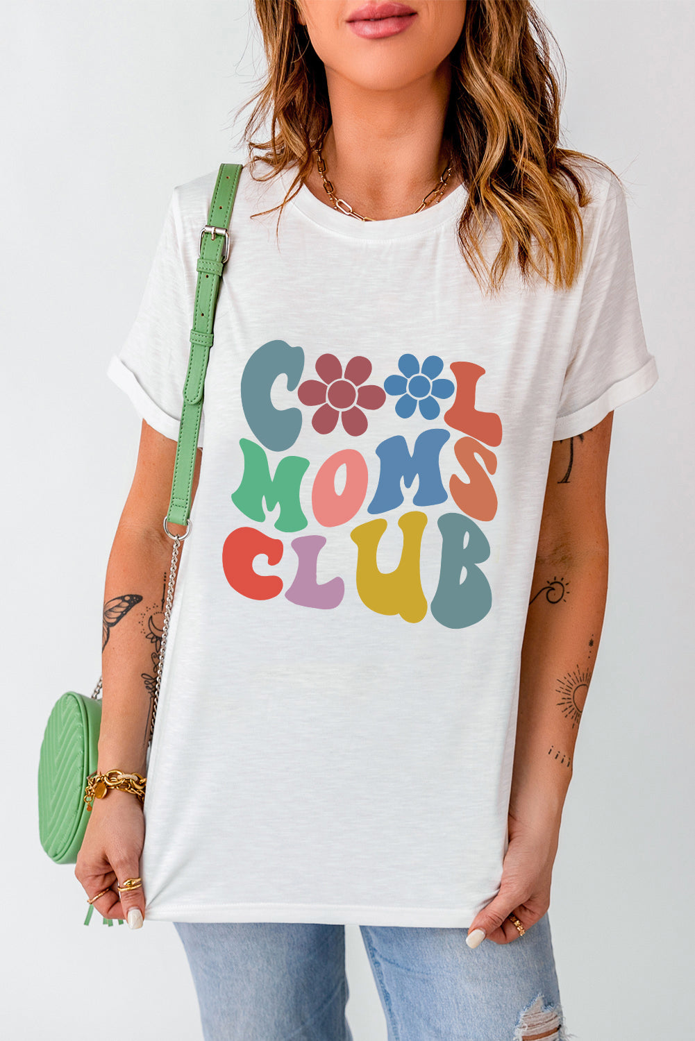 T-shirt blanc à col ras du cou avec motif floral COOL MOMS CLUB