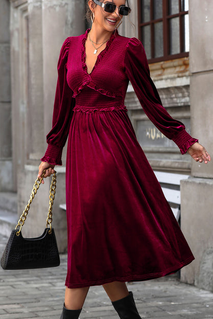 Robe midi smockée à manches lanternes