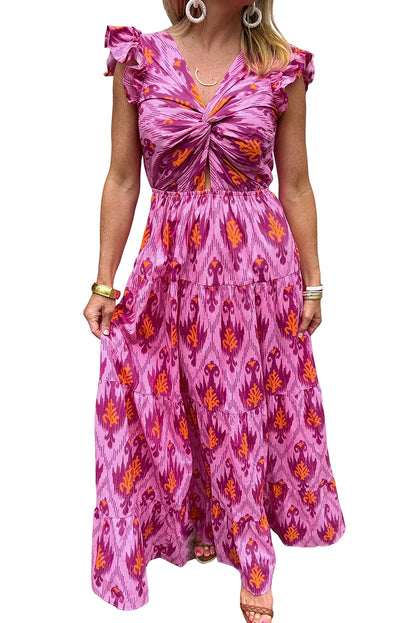 Bonbon Boho Abstract Print Ruffle Tiered Maxi Dress