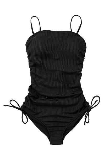 Coffee Side Drawstring Cutout Ribbed One Piece Swimsuit