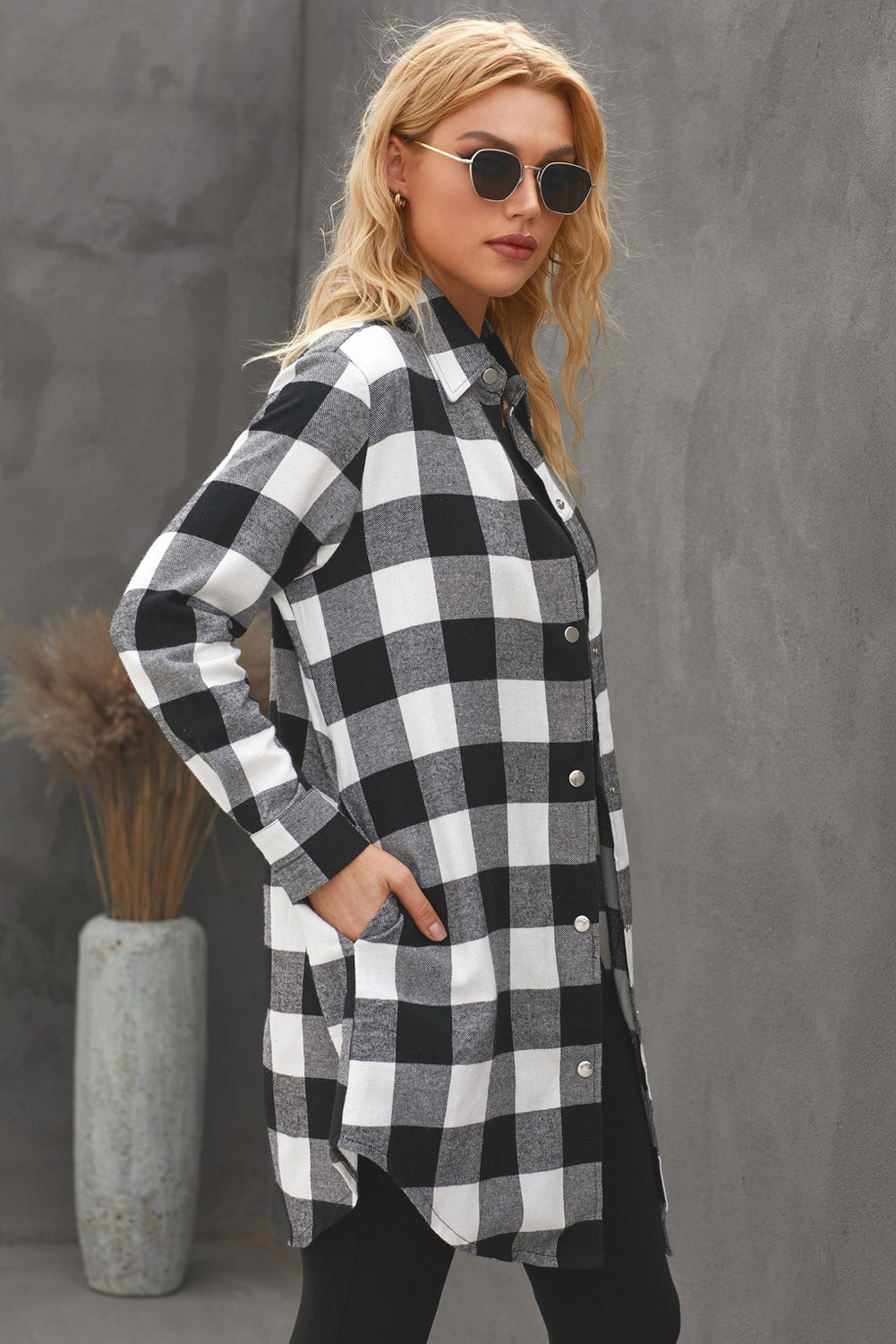 Green Turn-down Collar Plaid Shirt Coat