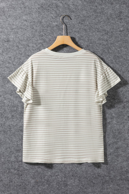 Apricot Striped Lace Splicing Ruffle Sleeve T-shirt