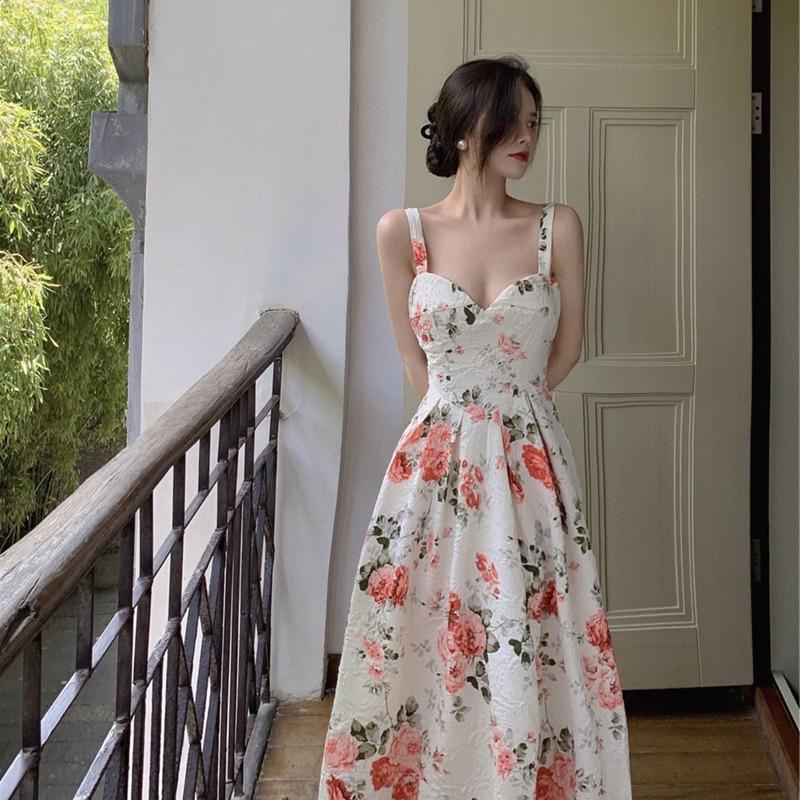 Vestido de longitud media con tirantes sin mangas y cuello en V floral adelgazante de cintura alta para mujer