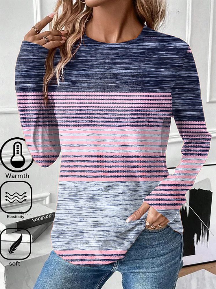 Women's Flower Striped Printed Long Sleeves T-shirt Loose Plus Size Women's Clothing