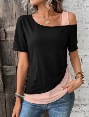 Fashionable Asymmetric Collar Off-the-shoulder Stitching T-shirt