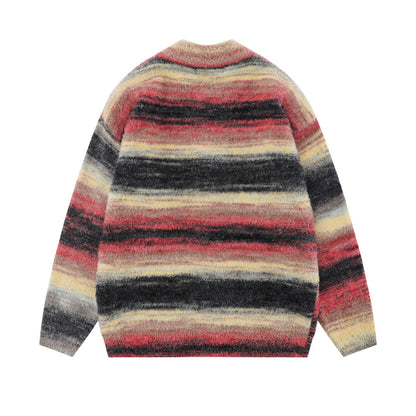 Casual Striped Two-way Zipped Stand Collar Knitwear Jacket