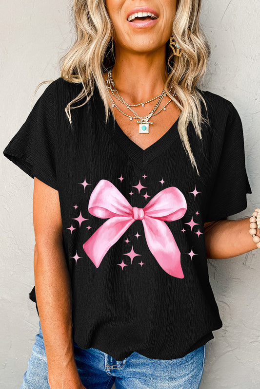 Camiseta con cuello en V y estampado estrellado con lazo texturizado negro