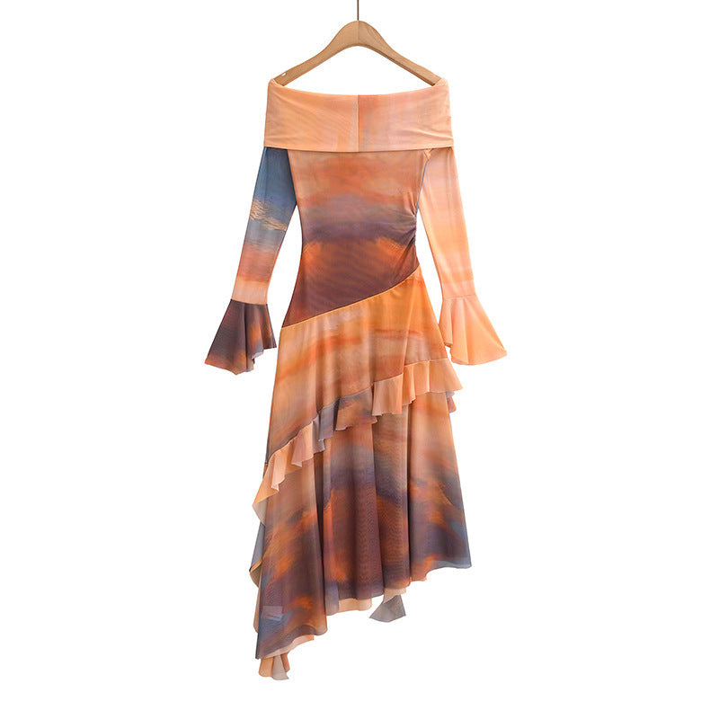 Women's European And American Style Tie-dye Irregular Long Sleeve Dress