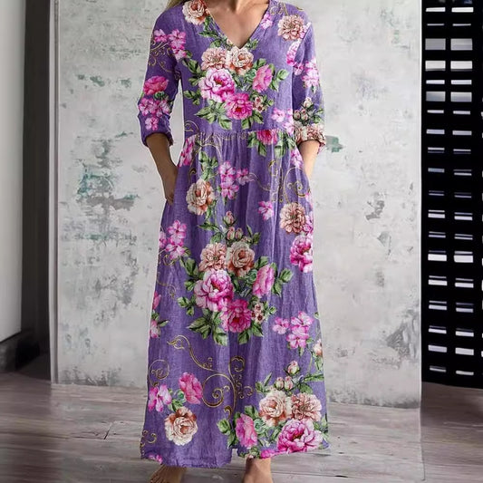 Robe imprimée ample et tendance à col en V pour femme