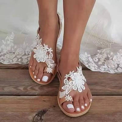 Foreign Trade Flat Toe Pearl Lace Flower Fur Ball Bohemian Beach Flat-heeled Sandals