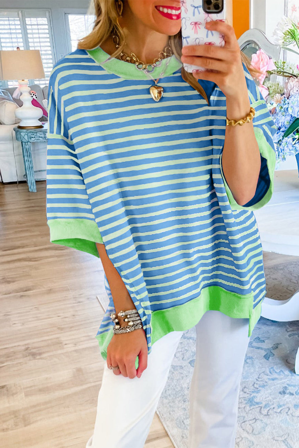 Pink Stripe Colorblock Drop Sleeve Loose Top