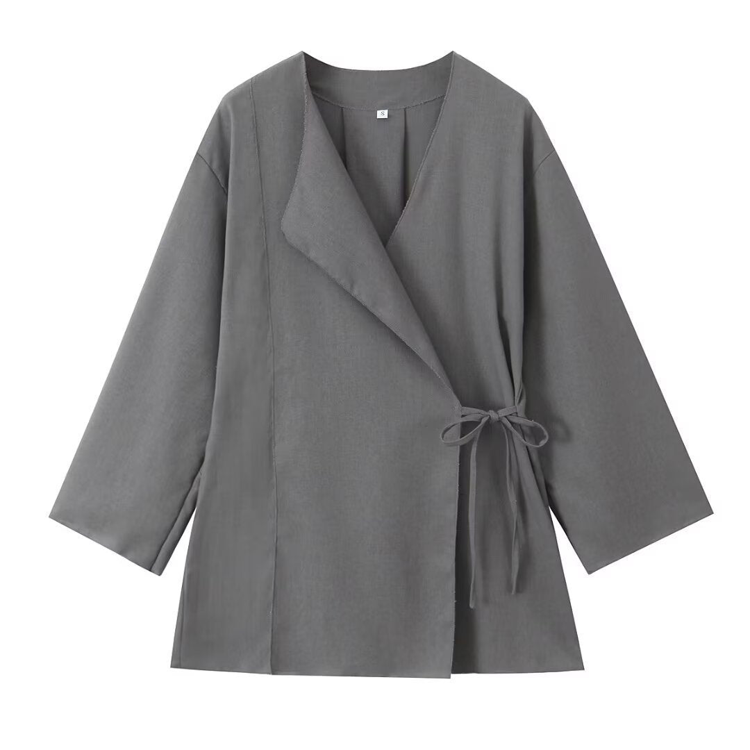 Manteau croisé kimono en lin pour femme avec pantalon fluide