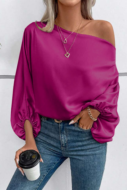 Bright Pink Solid Color Asymmetrical Neck Lantern Sleeve Blouse