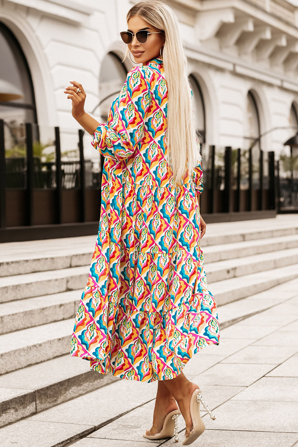 Abstract Geometric Print Long Sleeve High Waist Dress