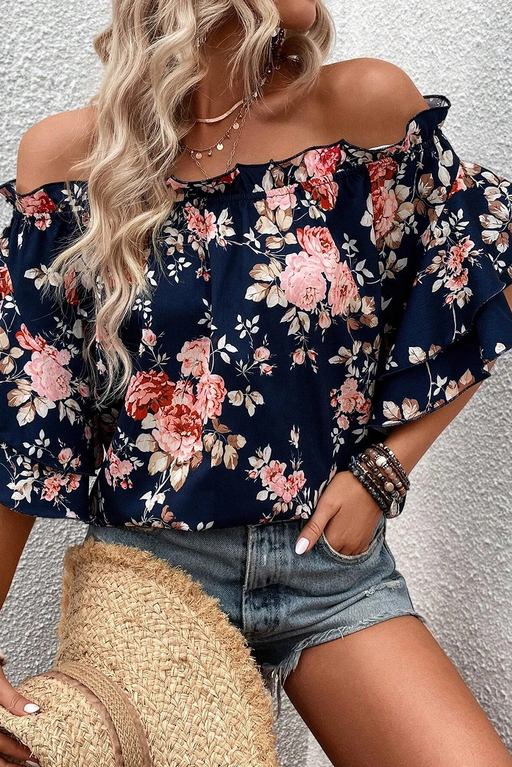 Blue Ruffle Off Shoulder Flounce Sleeve Floral Blouse