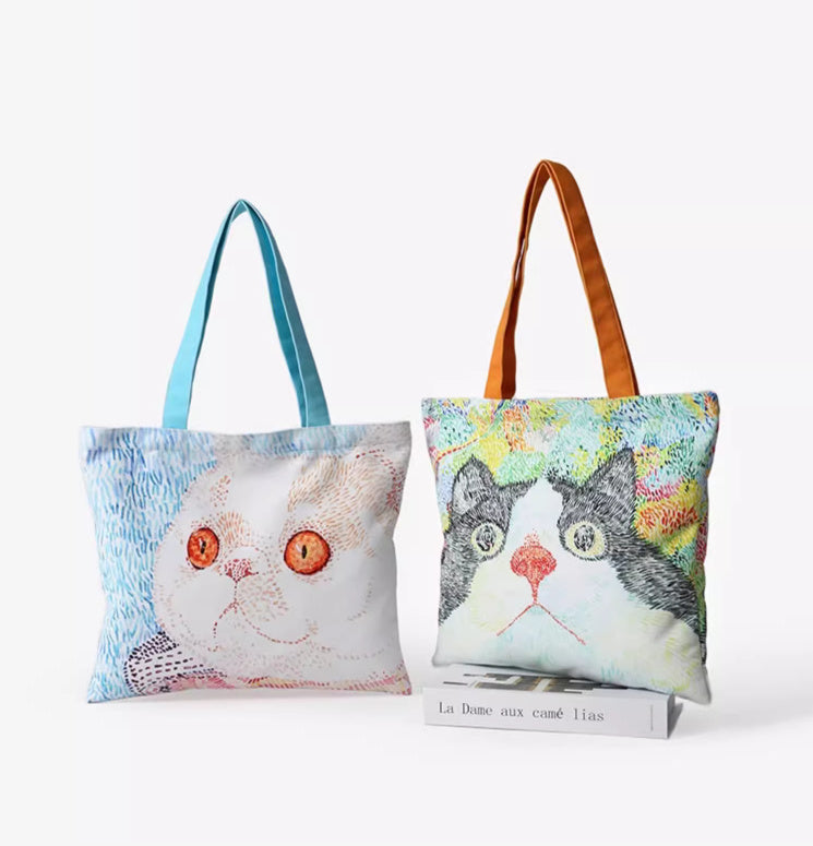 Cat Illustration Shoulder Bag Large Capacity Canvas Bag