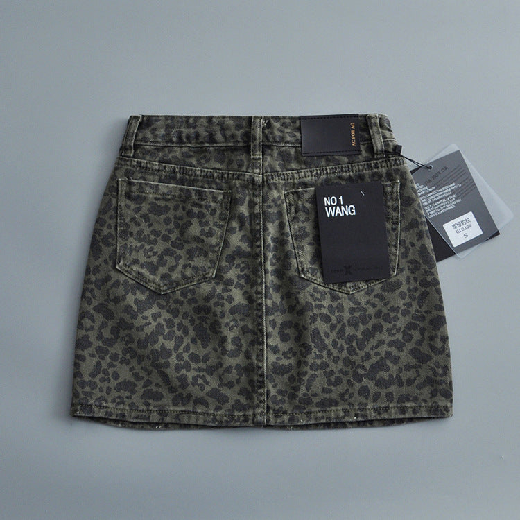 Leopard Print Denim Skirt Women's High Waist