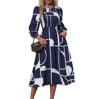 Women's Long-sleeved Printed Dress A- Line Skirt