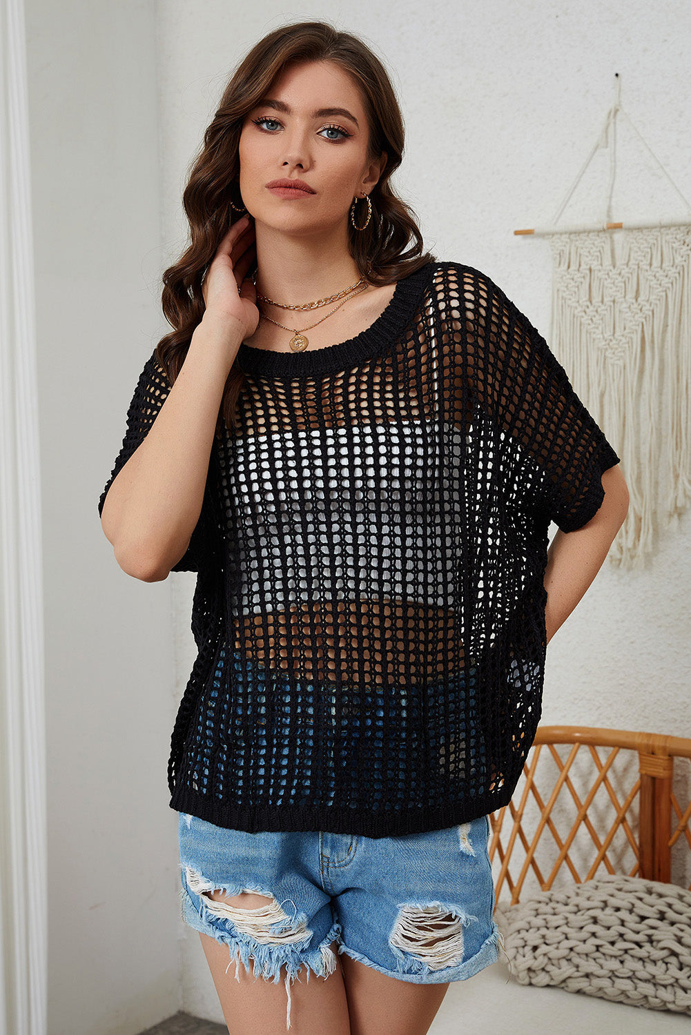 Apricot Fishnet Knit Ribbed Round Neck Short Sleeve Sweater Tee