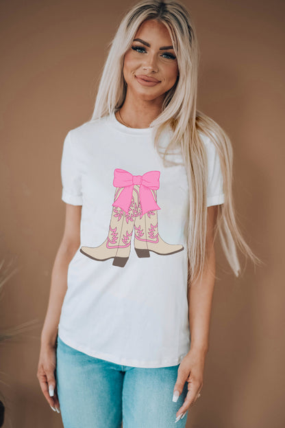 White Casual Boots Bow Graphic Round Neck T Shirt