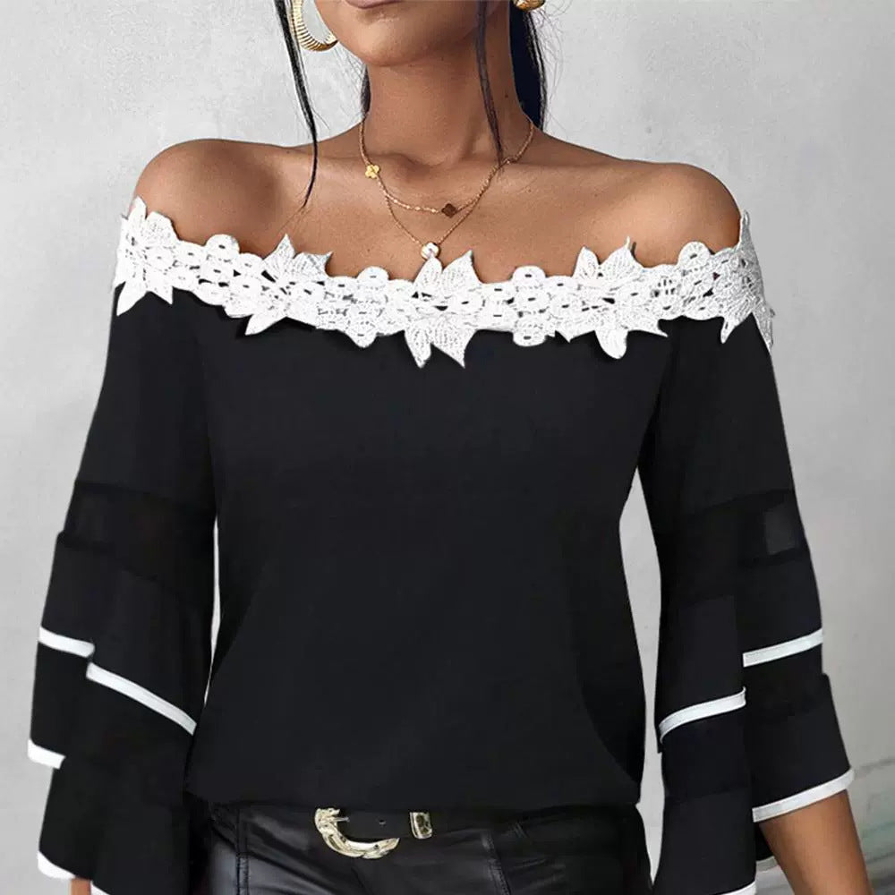 Blusa de manga acampanada con hombros descubiertos estilo europeo y americano