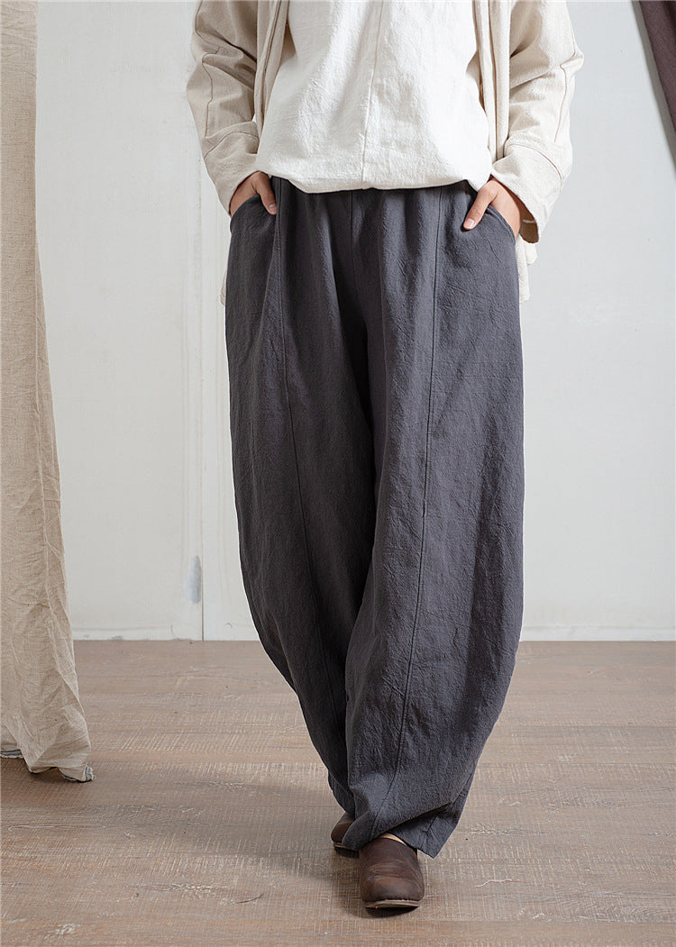 Women's Simple Casual Cotton Linen Harem Wide-leg Trousers Elastic Waist Pants