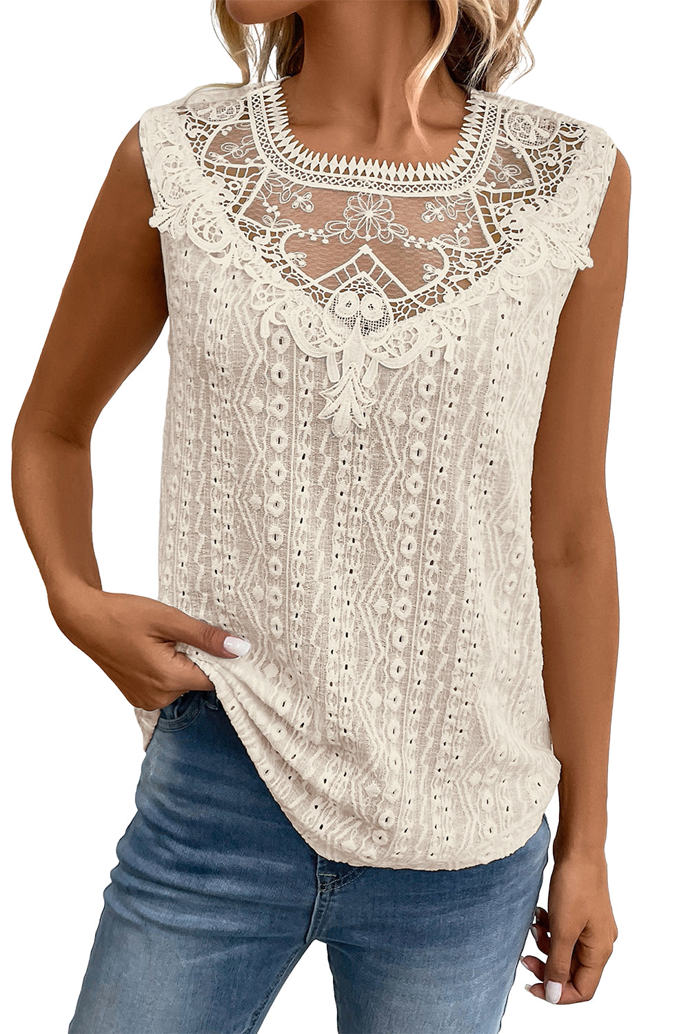 Blusa sin mangas con espalda de cerradura de crochet de encaje de guipur blanco