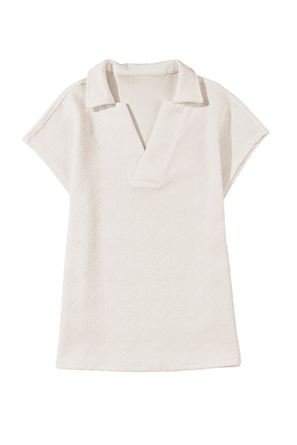 White Textured V Neck Collared Split Hem T Shirt