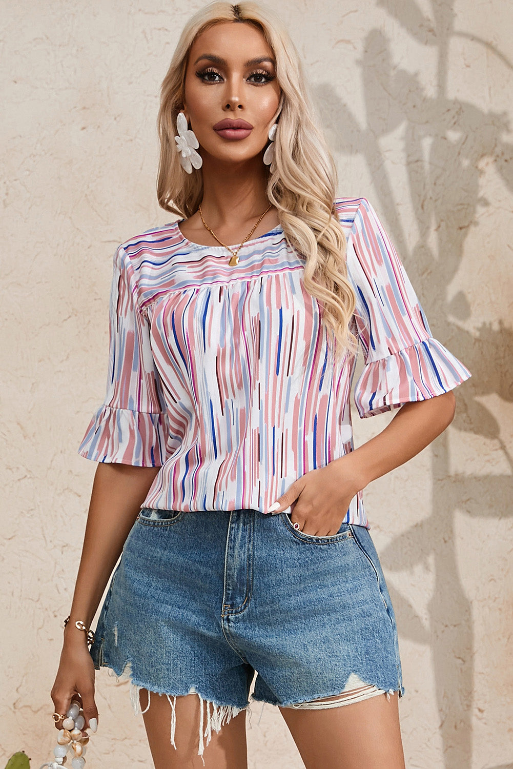 Blusa de media manga a rayas multicolor blanca