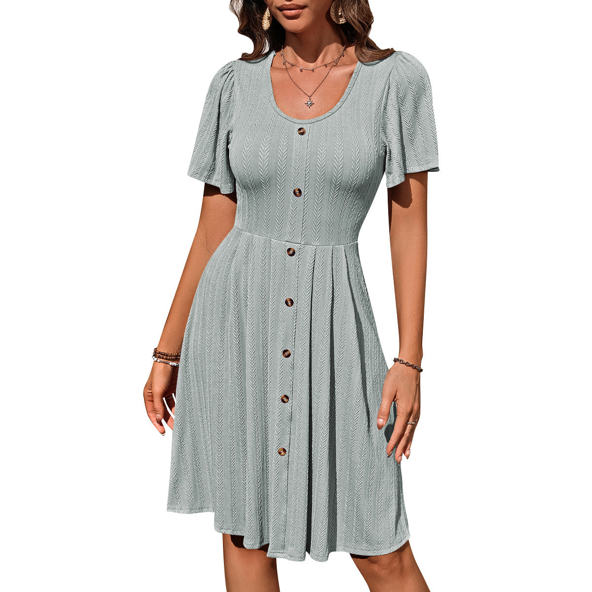 Robe d'été à manches courtes et col en U pour femmes, tenue de vacances décontractée, couleur unie, avec boutons, Design à la mode