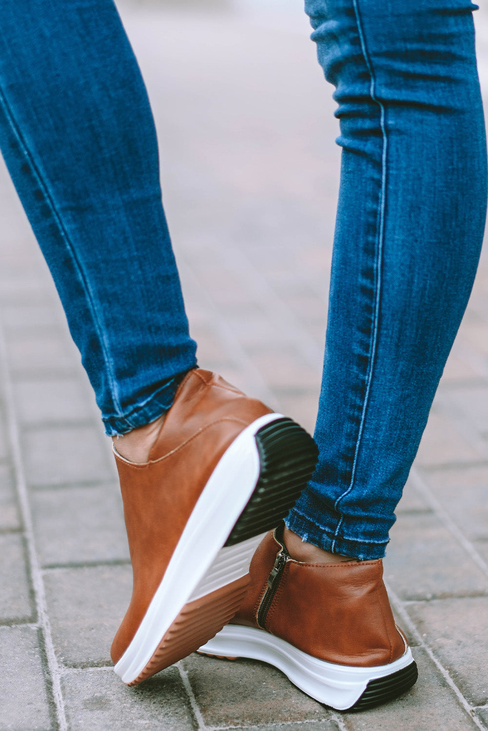 Brown Leather Zipped Non-Slip Thick Sole Shoes