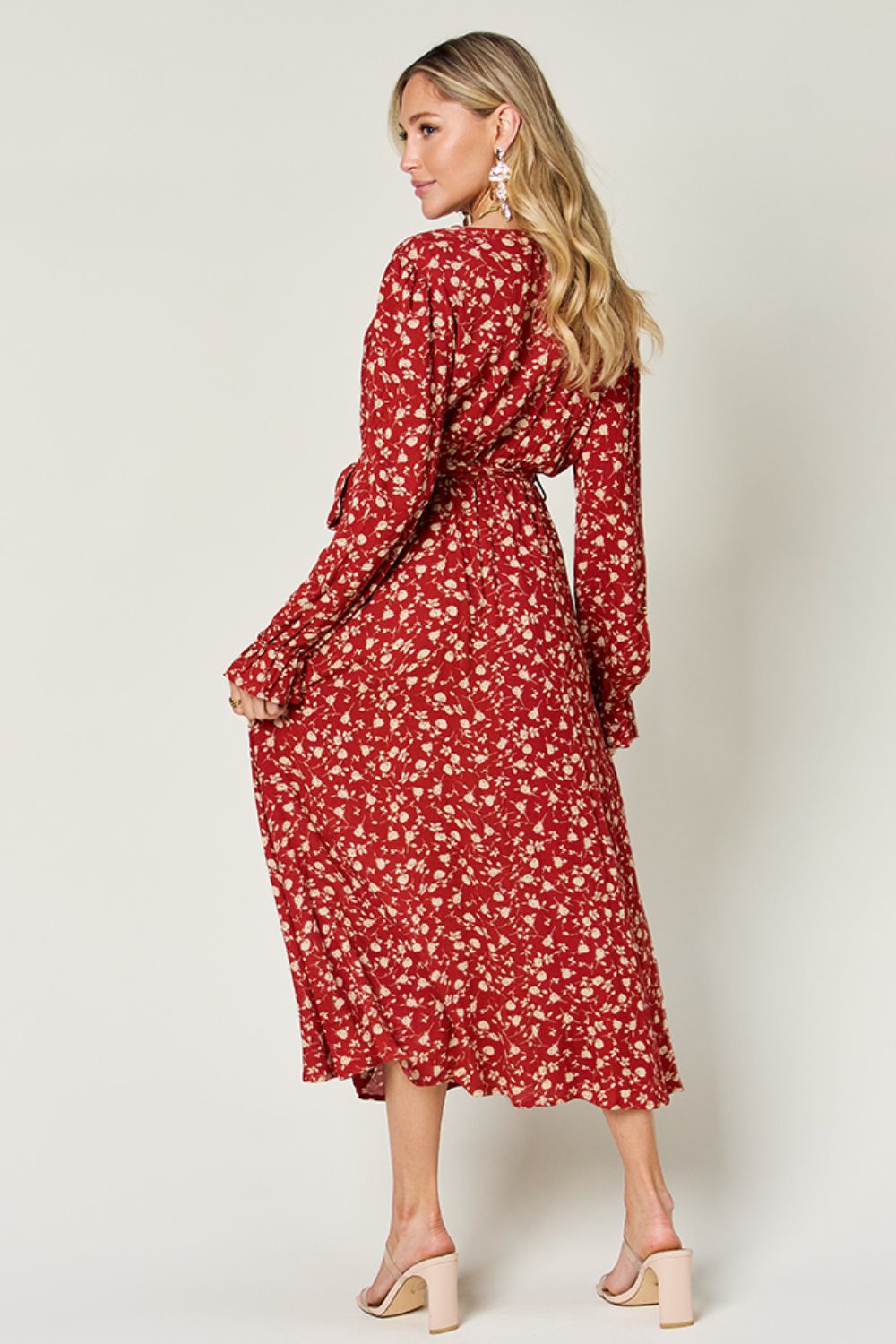 Double Take Full Size Tie Back Flounce Sleeve Dress