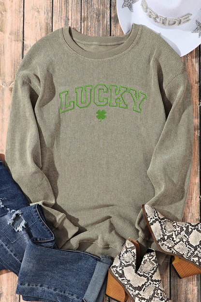 Sudadera con cuello redondo y cordón con gráfico LUCKY Clover en verde