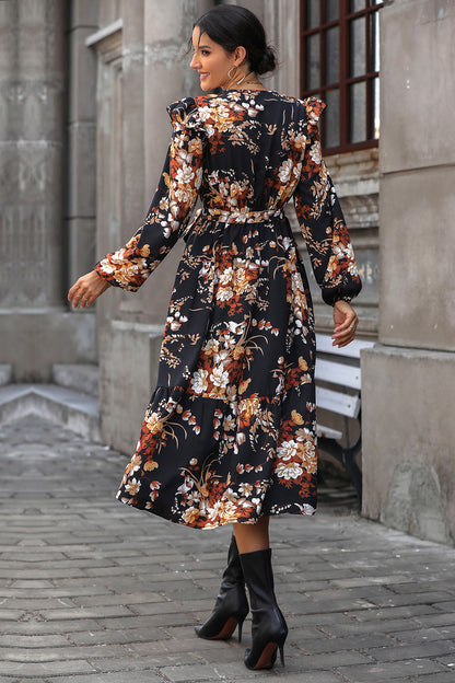 Vestido midi con sobrepelliz floral y lazo en la parte delantera con dobladillo con volantes